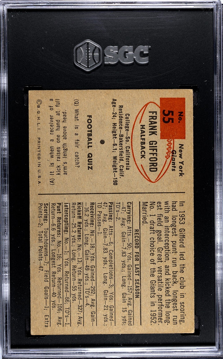 Frank Gifford 1954 Bowman Card #55- SGC Graded 3 VG (New York Giants)