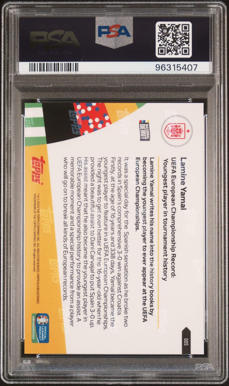 Graded 2024 Topps Now Lamine Yamal #5 UEFA Euro Championship Record: Youngest Pl