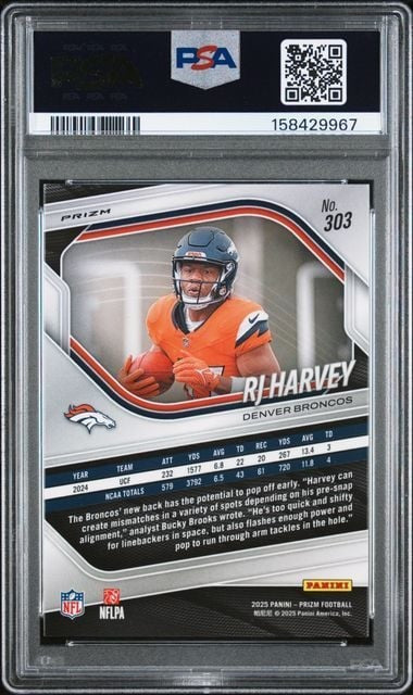 Graded 2025 Panini Prizm RJ Harvey #303 Lazer Prizm RC PSA 10 Gem Mint