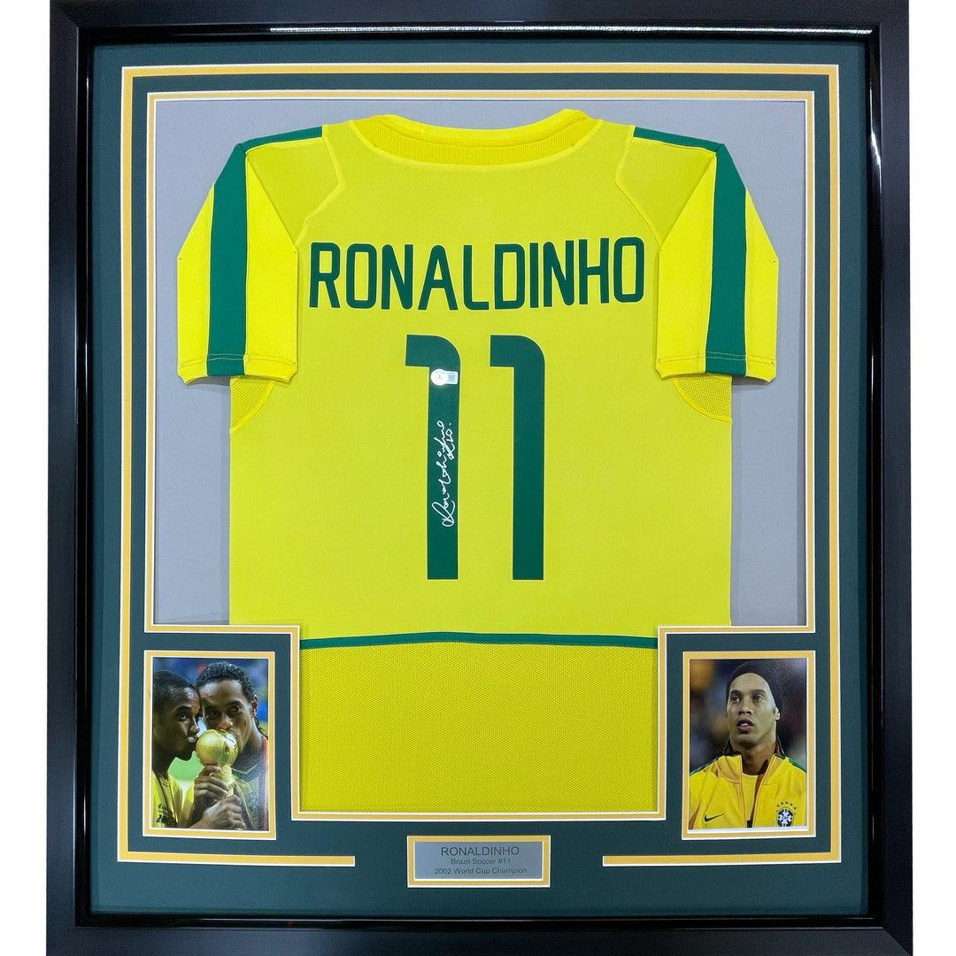 Framed Autographed/Signed Ronaldinho 33x42 Brazil Yellow Jersey Beckett COA