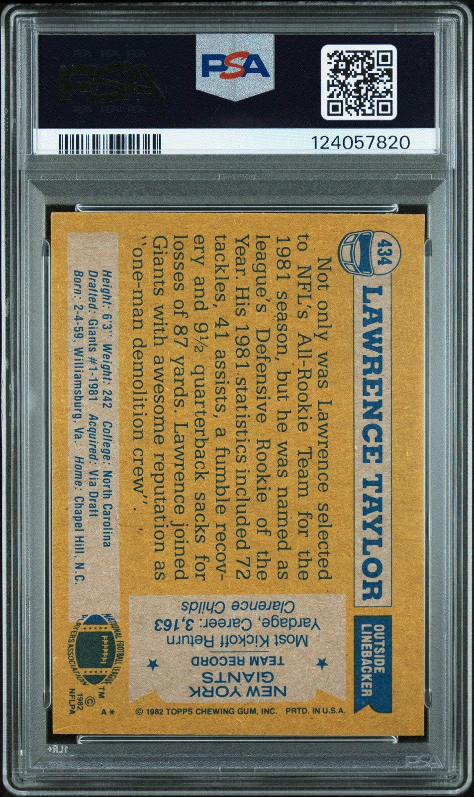Graded 1982 Topps Lawrence Taylor #434 Rookie Signed Card PSA 7 Card Auto AUTH