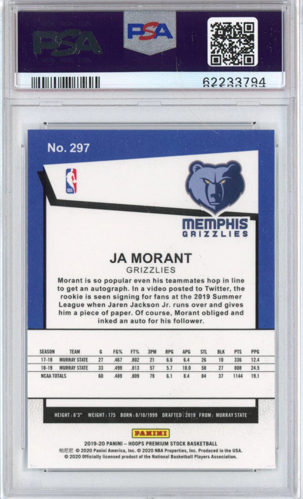 Graded 2019-20 Panini Hoops Premium Stock Ja Morant #297 Rookie Card PSA 10 Mint