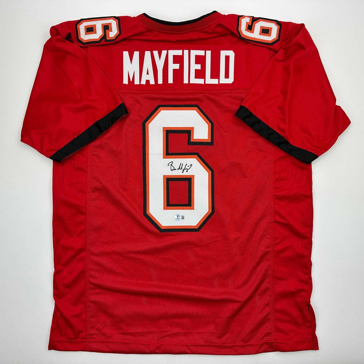 Autographed/Signed Baker Mayfield Tampa Bay Red Jersey Beckett BAS COA