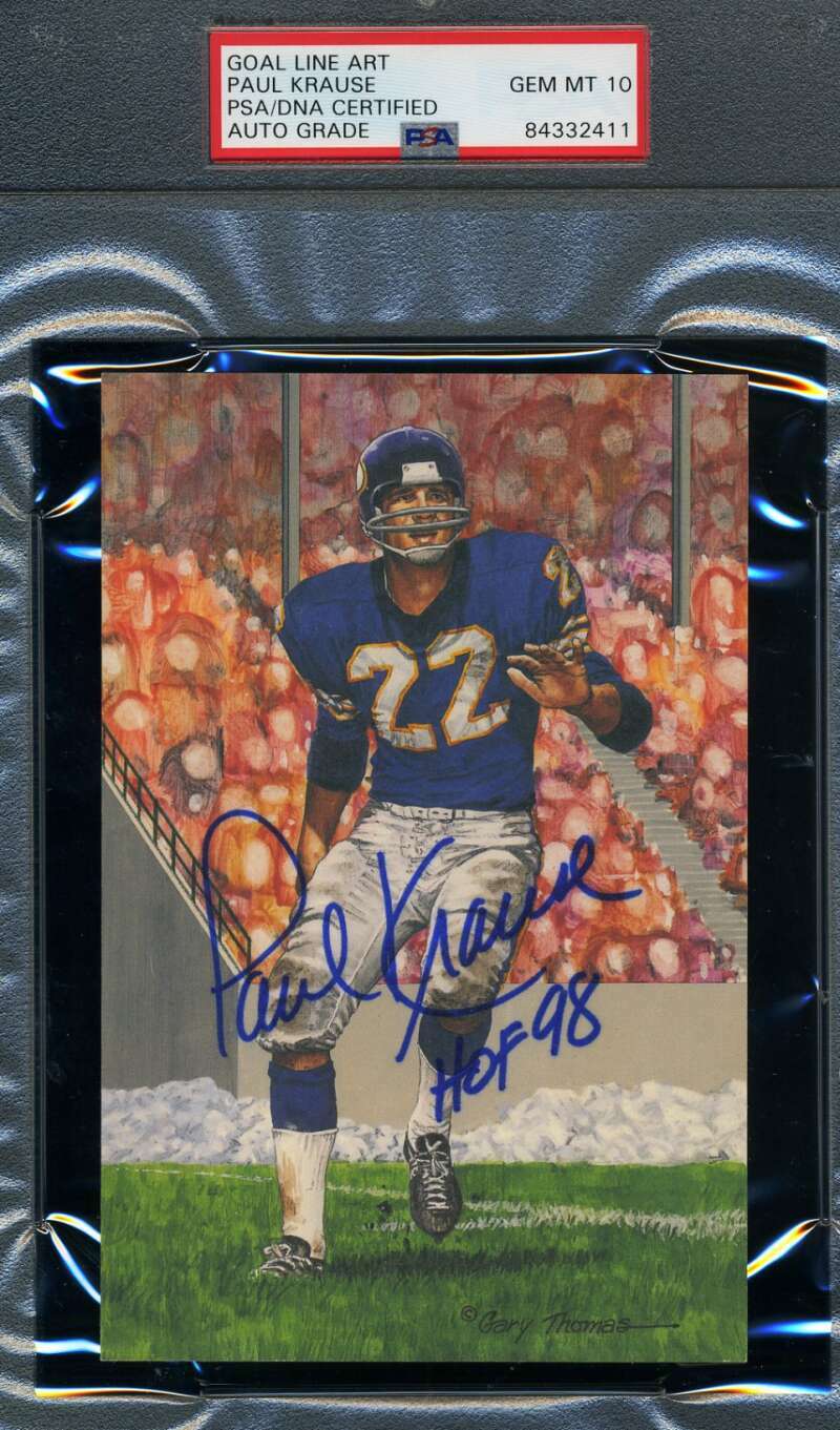 Paul Krause Gem Mint 10 HOF 98 PSA DNA Slab Signed Goal Line Art Card Autograph