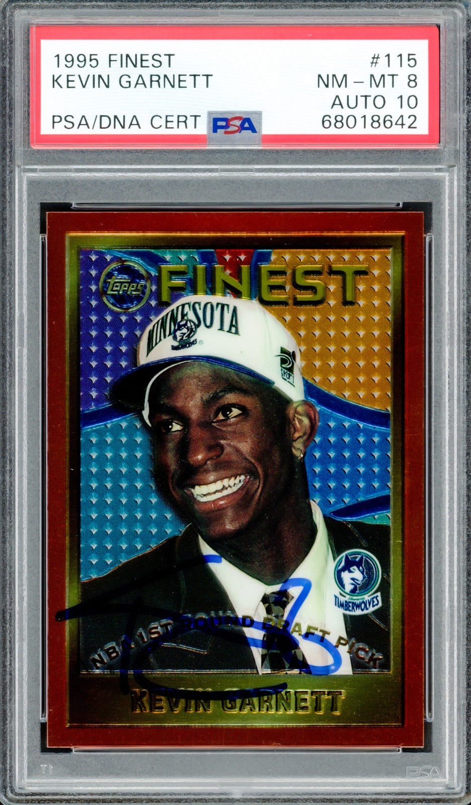 Kevin Garnett Auto 1995 Topps Finest RC 115 Timberwolves PSA 8 Auto 10 PSA/DNA