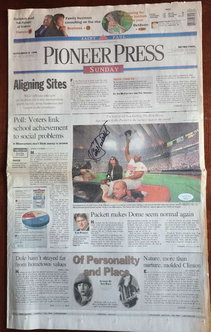 Kirby Puckett JSA Coa Signed 1996 Pioneer Press Newspaper Autograph