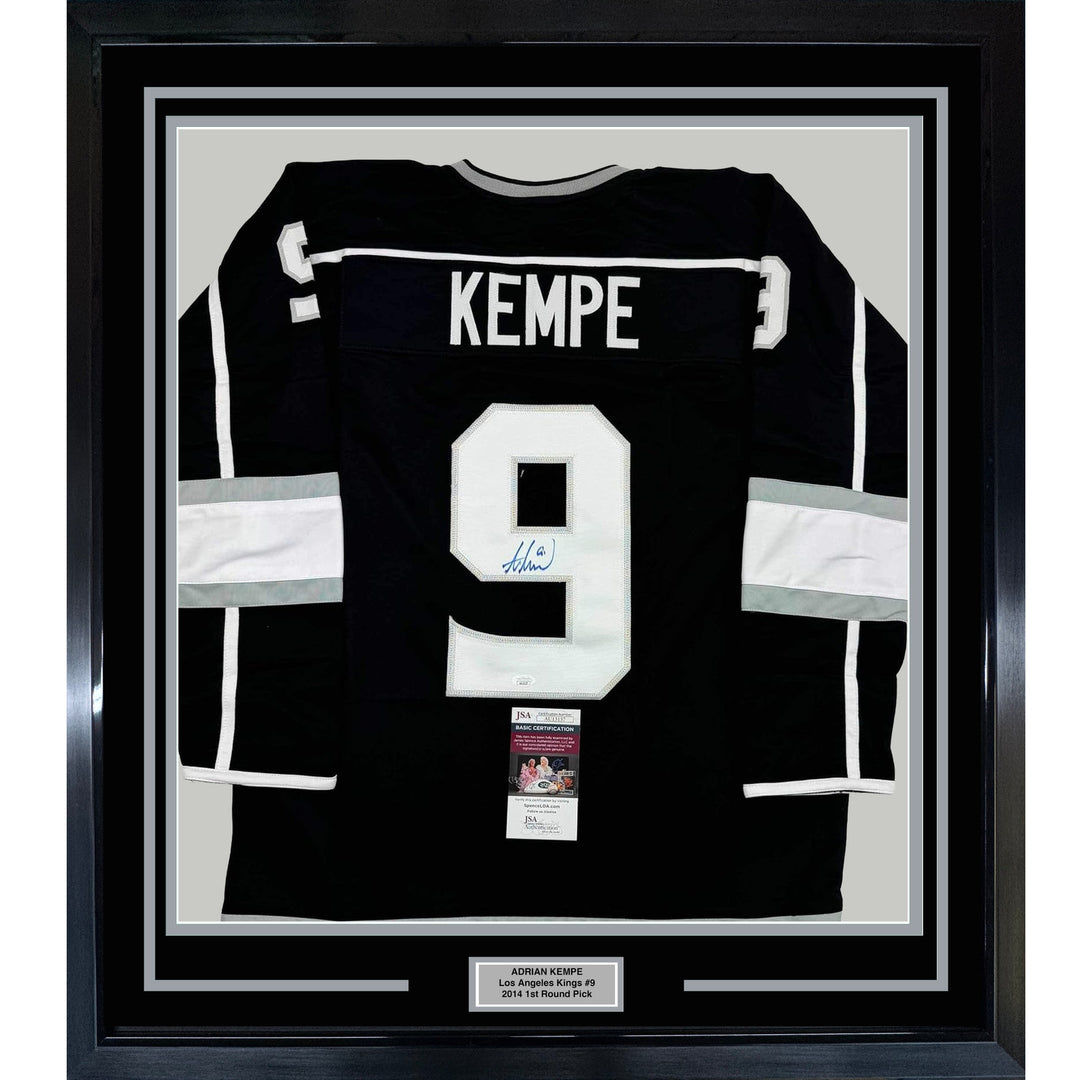 Framed Autographed/Signed Adrian Kempe 35x39 Los Angeles LA Black Jersey JSA COA
