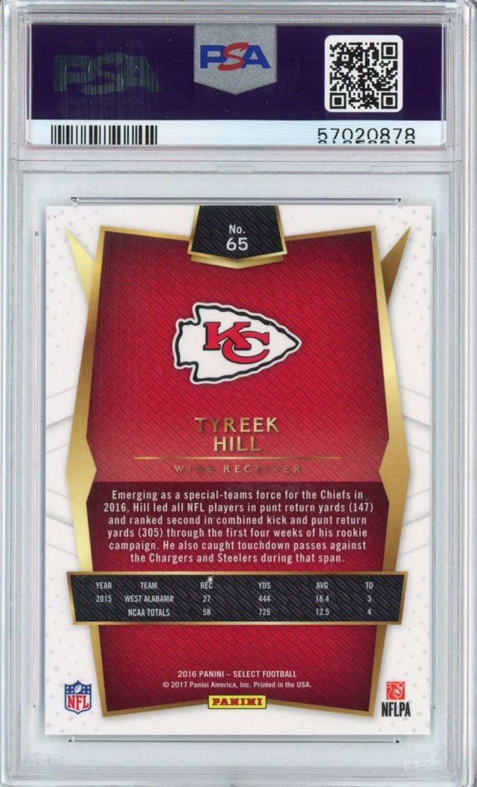 Graded 2016 Panini Select Tyreek Hill #65 Rookie RC Card PSA 10 Mint