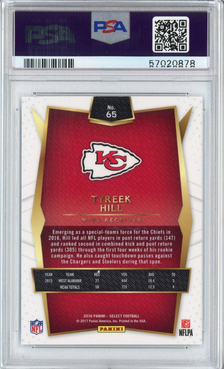 Graded 2016 Panini Select Tyreek Hill #65 Rookie RC Card PSA 10 Mint