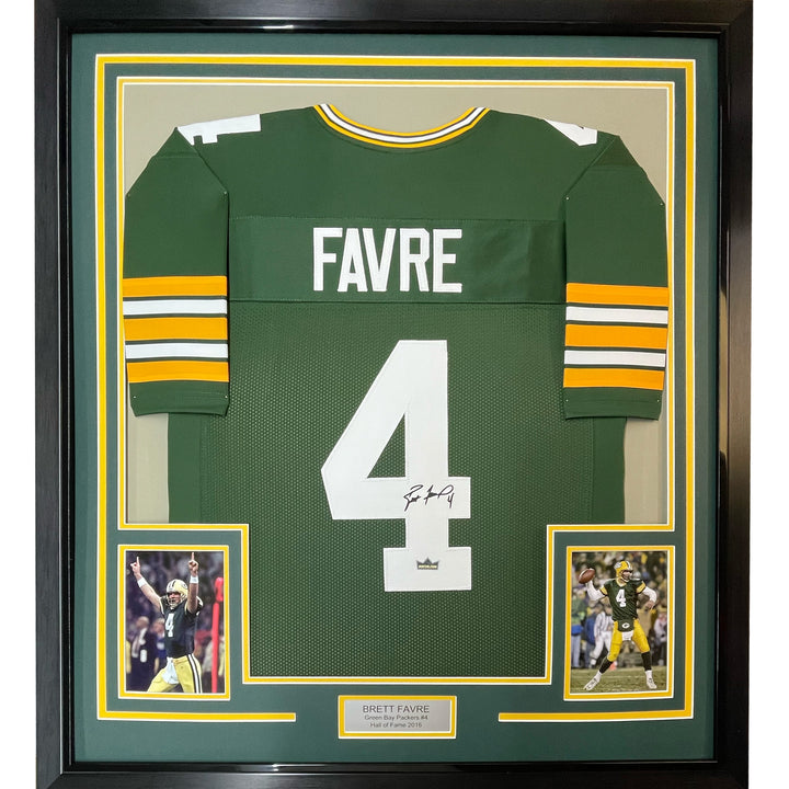 Framed Facsimile Autographed Brett Favre 33x42 Bay Green Reprint Auto Jersey