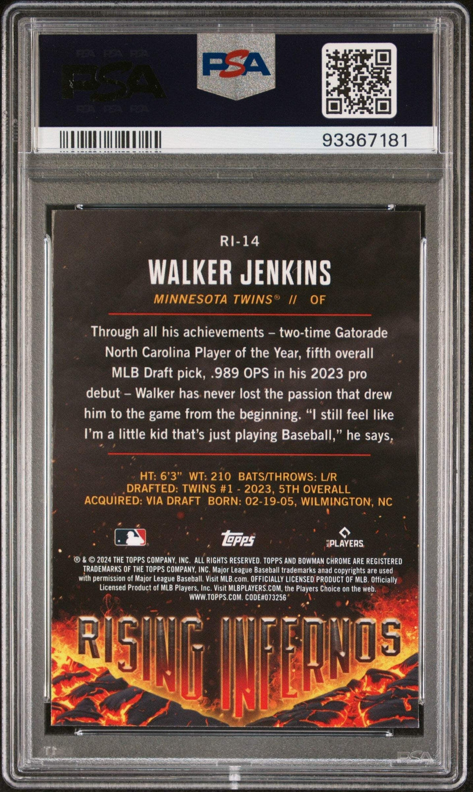 Graded 2024 Topps Bowman Walker Jenkins #RI14 Rising Infernos Rookie Card PSA 10
