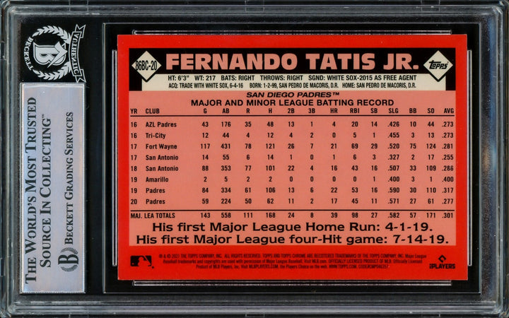 Fernando Tatis Jr. Signed 2021 Topps Chrome 1986 Refractor Card #86BC-20 San