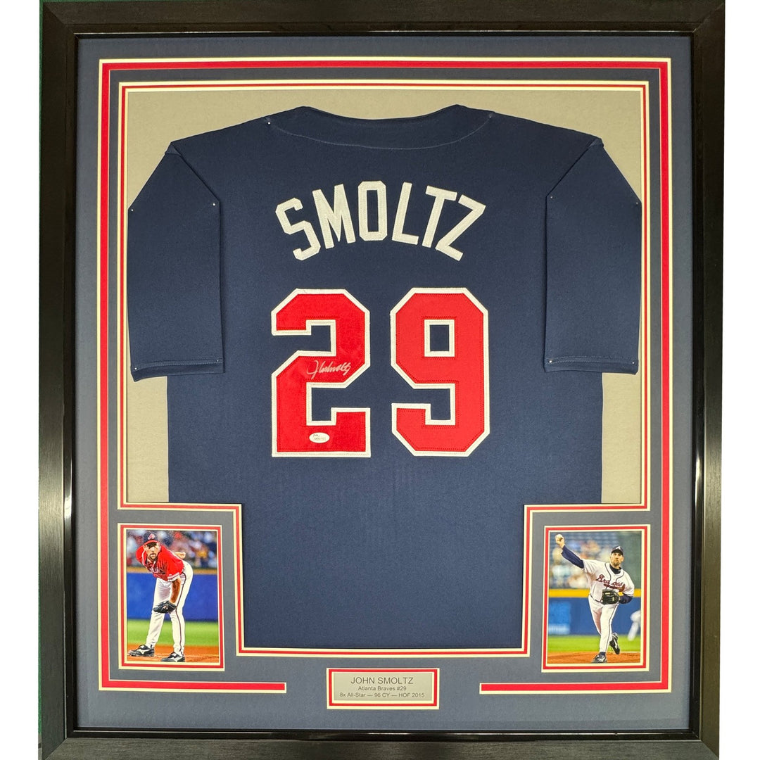 Framed Autographed/Signed John Smoltz 35x39 Atlanta Blue Jersey JSA COA
