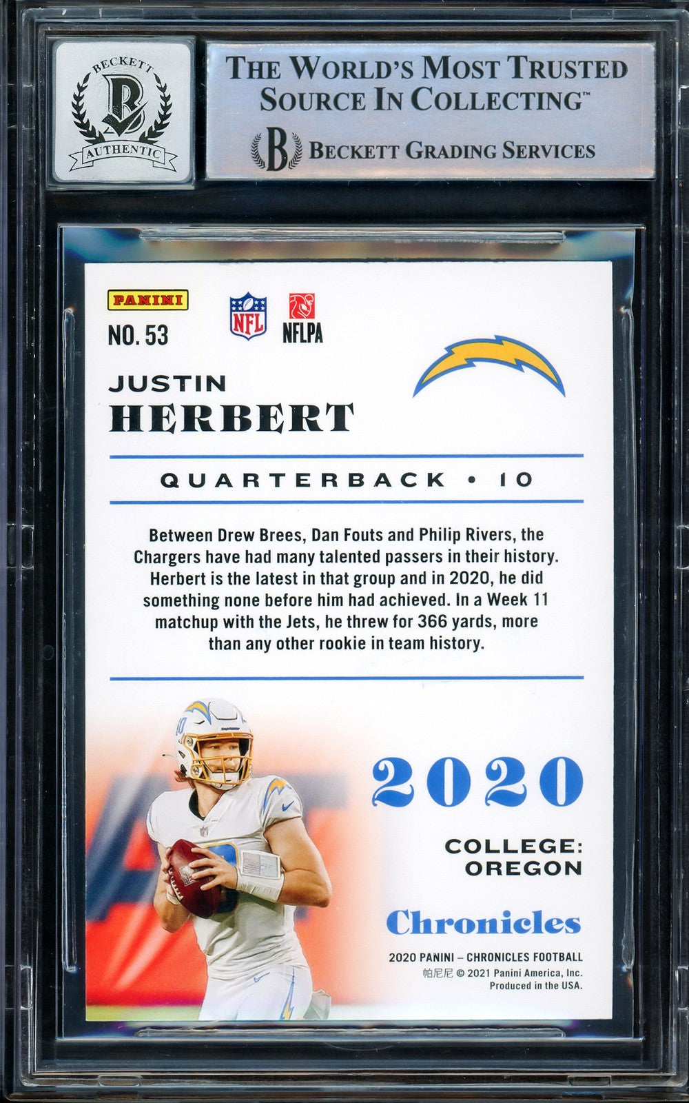 Justin Herbert Signed 2020 Panini Chronicles RC 53 Chargers Auto GM 10 Beckett
