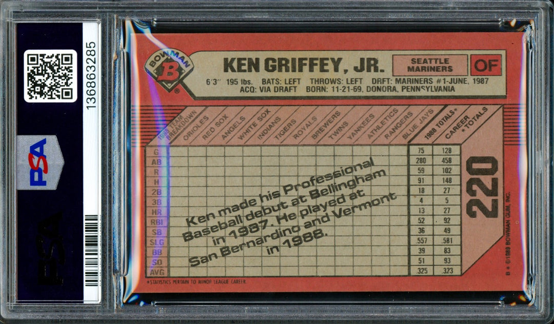 Ken Griffey Jr. Signed 1989 Bowman RC 220 Seattle Mariners PSA 9 Sig 10 PSA/DNA