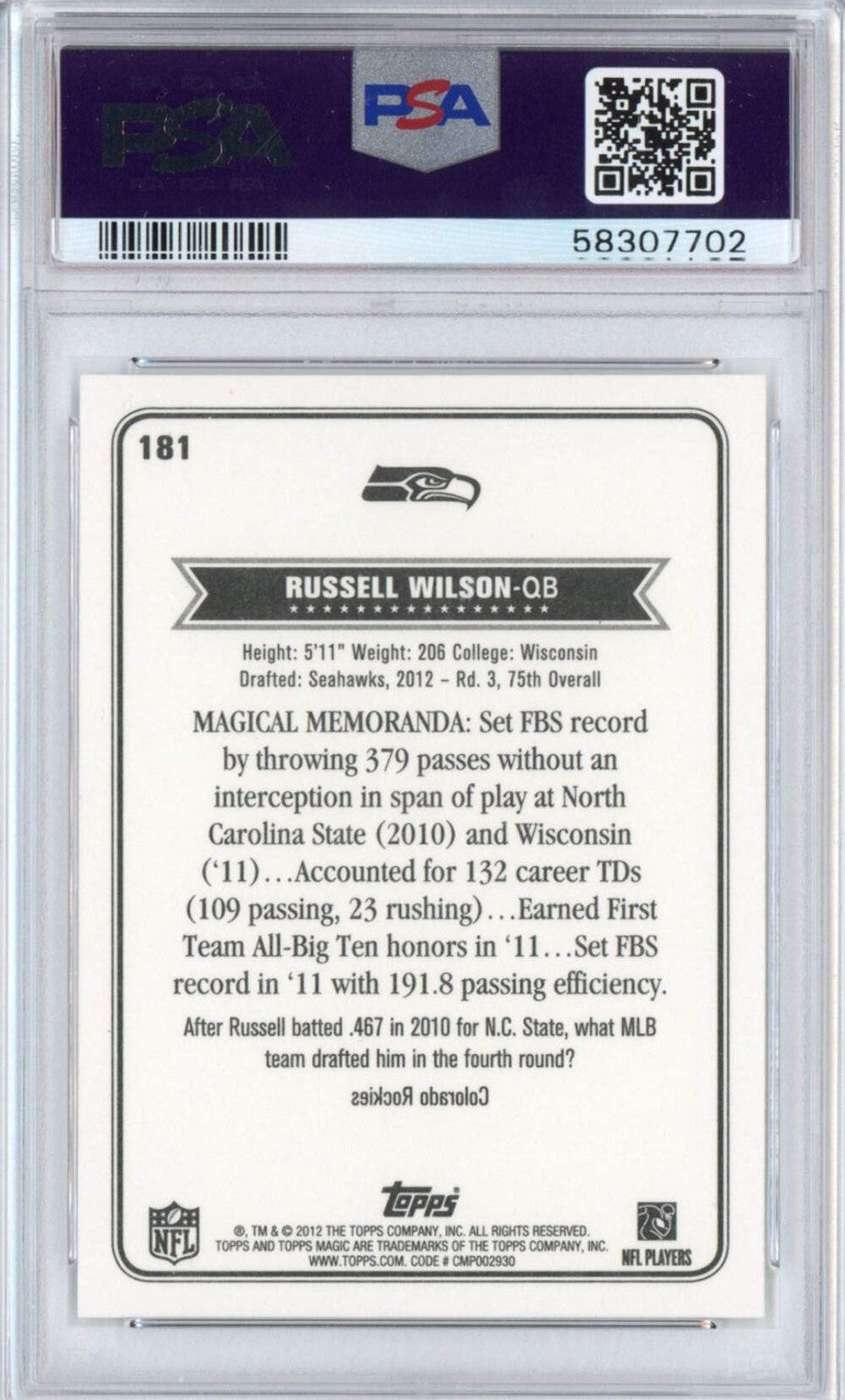 Graded 2012 Topps Magic Russell Wilson #181 Rookie RC Football Card PSA 10 Mint