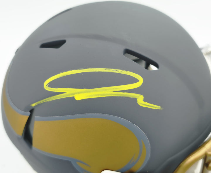 Jordan Addison Signed Vikings Slate Silver Speed Mini Helmet (In Yellow) Beckett