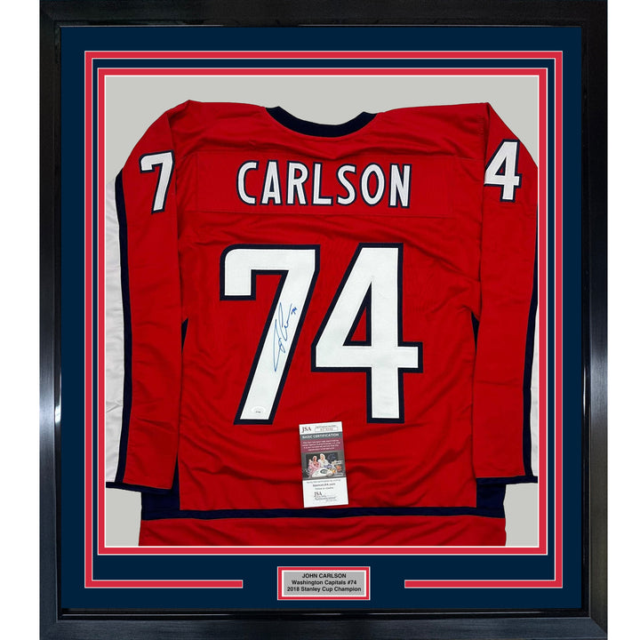 Framed Autographed/Signed John Carlson 35x39 Washington Red Jersey JSA COA