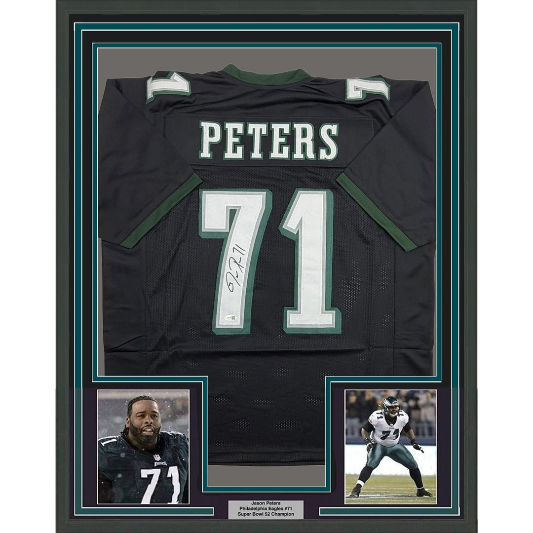 Framed Signed Jason Peters 35x39 Philadelphia Black Jersey JSA COA