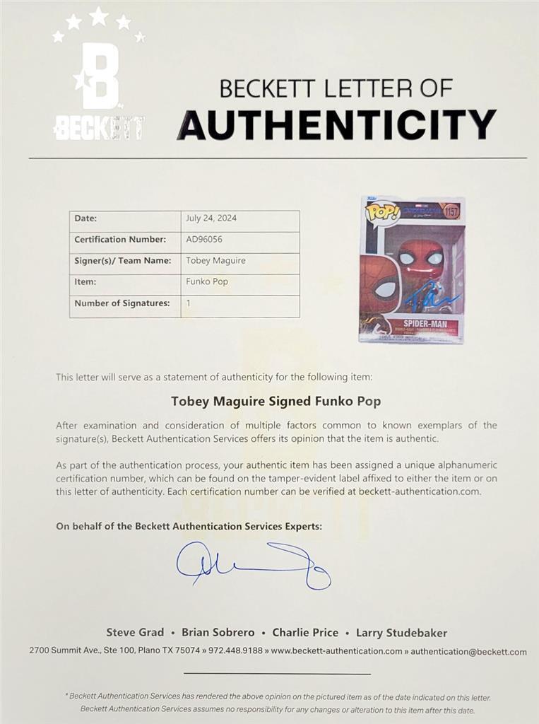 Tobey Maguire signed Spider-Man Marvel Funko Pop 1157 autograph Beckett BAS