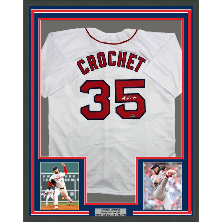 Framed Facsimile Autographed Garrett Crochet 35x39 Boston White Reprint Jersey