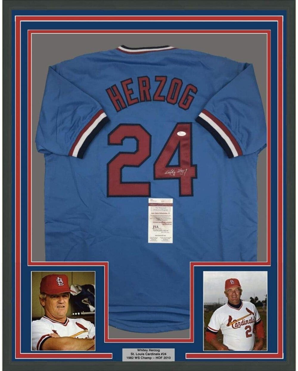 FRAMED Autographed/Signed WHITEY HERZOG 33x42 St. Louis Blue Jersey JSA COA Auto
