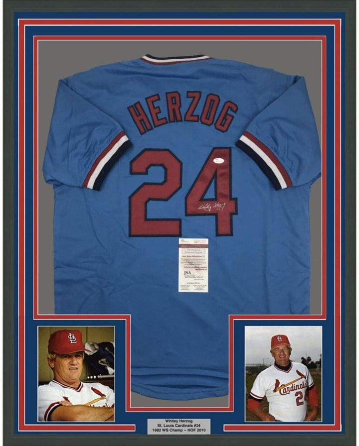 FRAMED Autographed/Signed WHITEY HERZOG 33x42 St. Louis Blue Jersey JSA COA Auto
