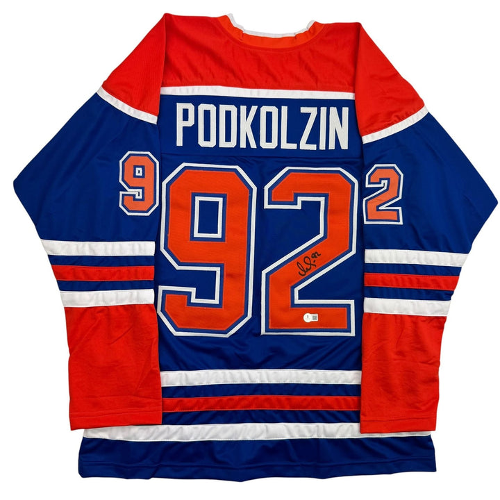 Autographed/Signed Vasily Podkolzin Edmonton Blue Jersey Beckett BAS COA