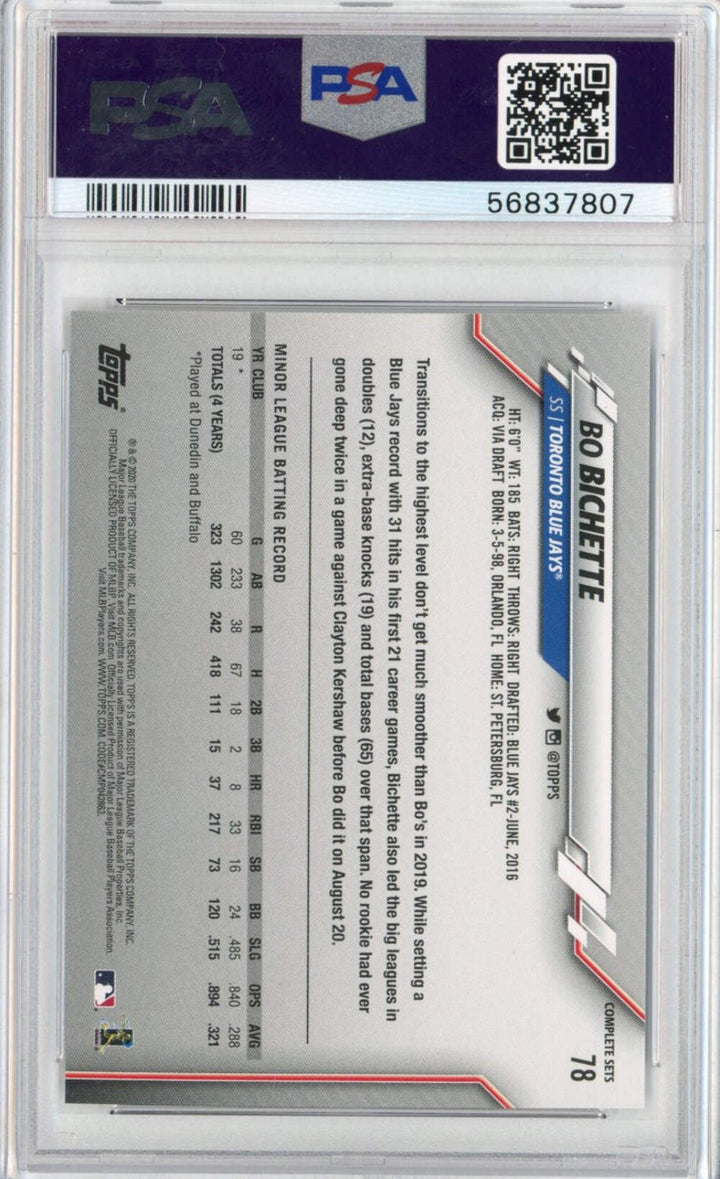 Graded 2020 Topps Complete Set Bo Bichette #78 Rookie RC Baseball Card PSA 10 Ge
