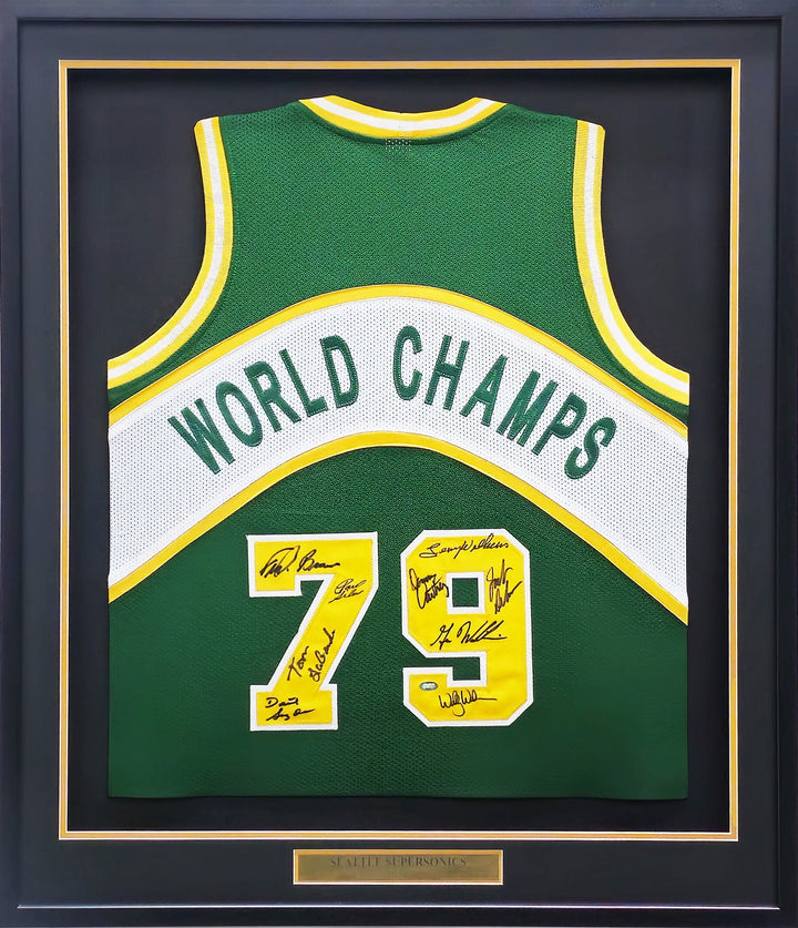 1978-79 NBA Champs Supersonics Multi Signed Framed Green Jersey 9 Sigs MCS Holo