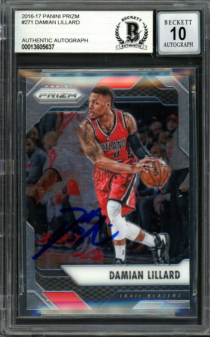 Damian Lillard Signed 2016-17 Panini Prizm Card 271 Trail Blazers Sig 10 Beckett