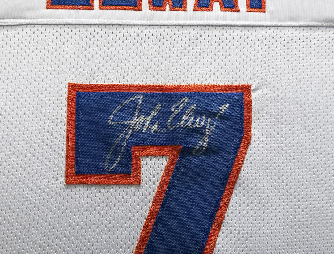 Denver Broncos John Elway Signed Framed White Jersey Beckett BAS Witness