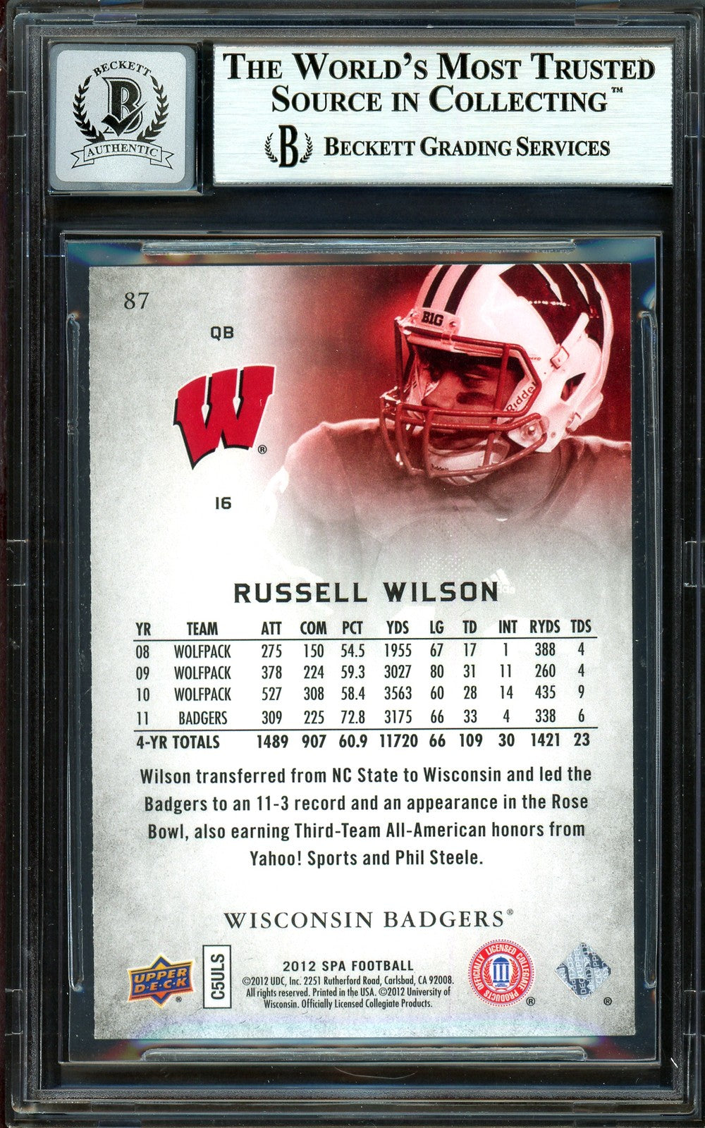 Russell Wilson Auto Signed 2012 SP Authentic RC 87 Seahawks Auto GM 10 Beckett