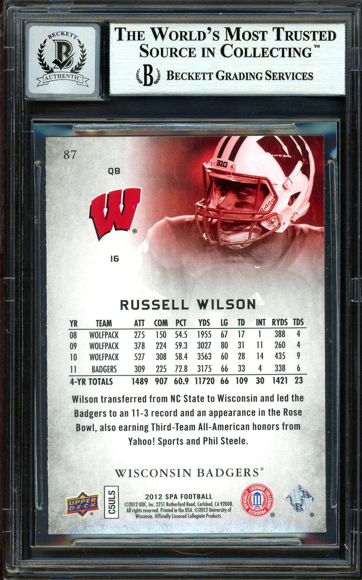 Russell Wilson Auto Signed 2012 SP Authentic RC 87 Seahawks Auto GM 10 Beckett