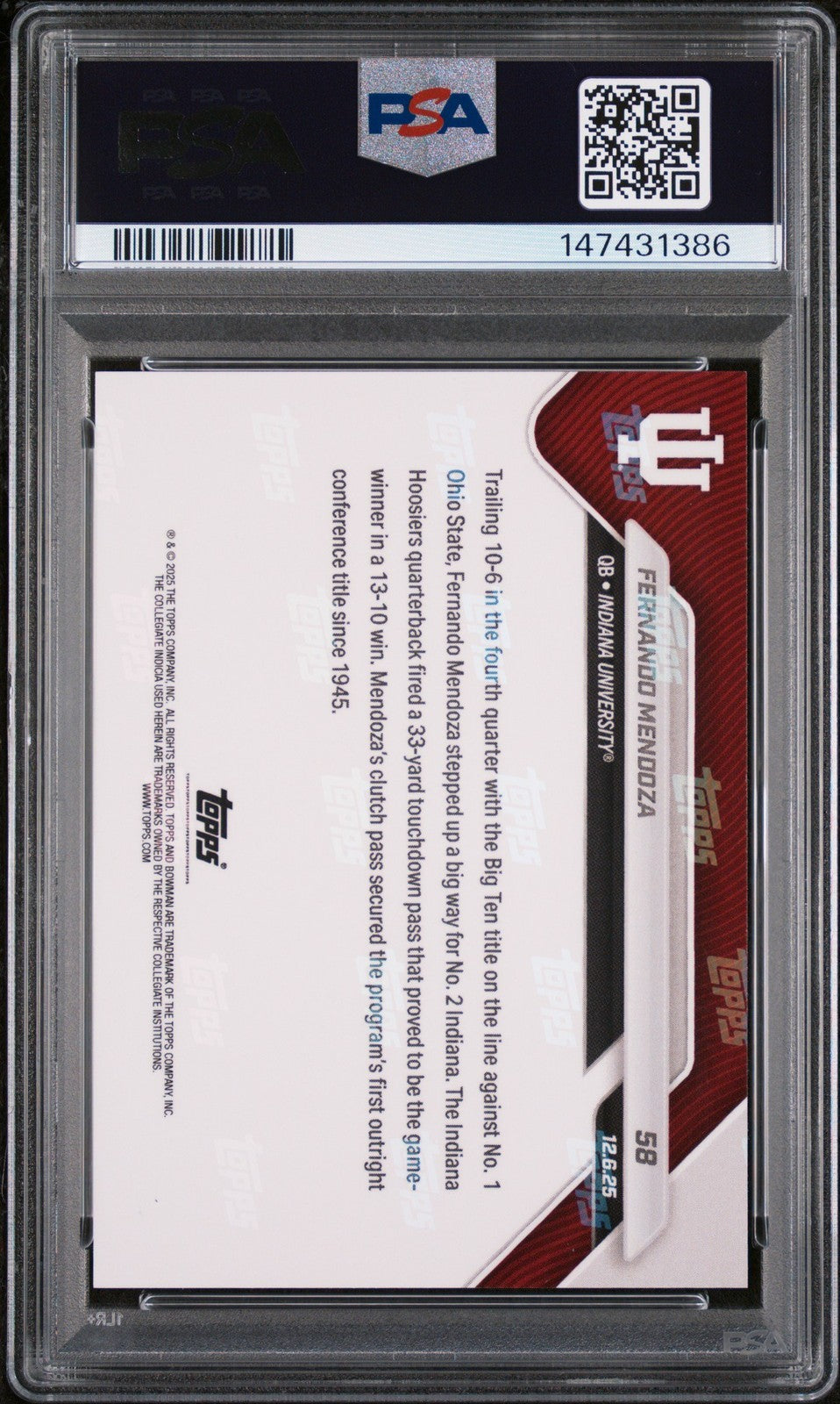 Graded 2025 Topps Bowman U Now Fernando Mendoza #58 Rookie RC Card PSA 10
