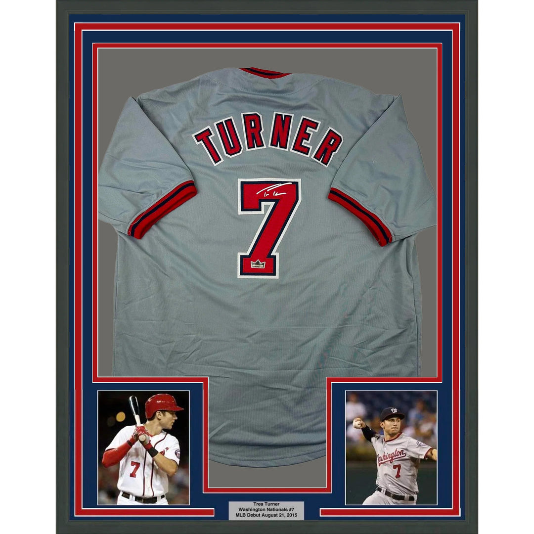 Framed Facsimile Autographed Trea Turner 33x42 Grey Reprint Laser Auto Jersey