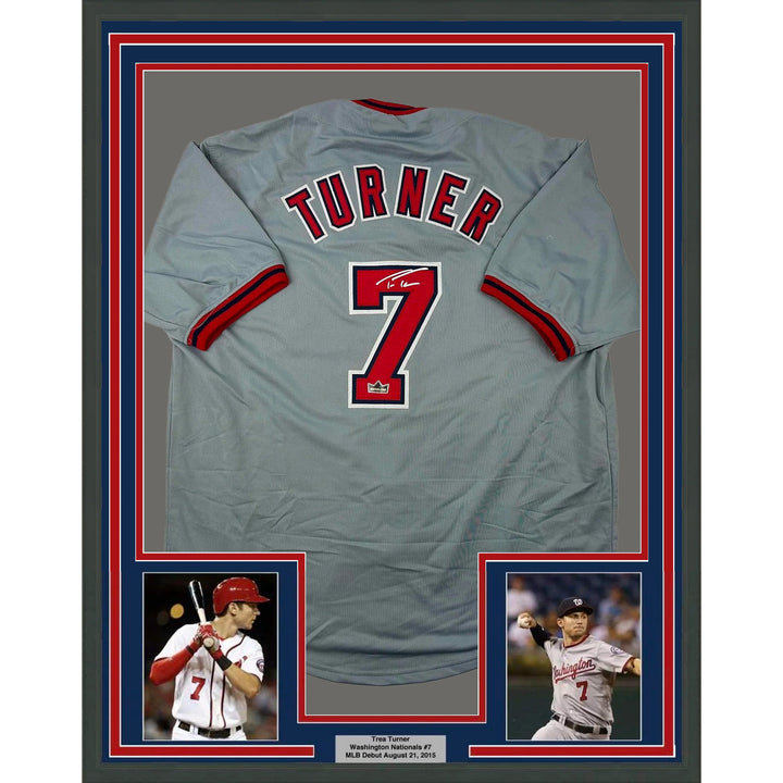 Framed Facsimile Autographed Trea Turner 33x42 Grey Reprint Laser Auto Jersey