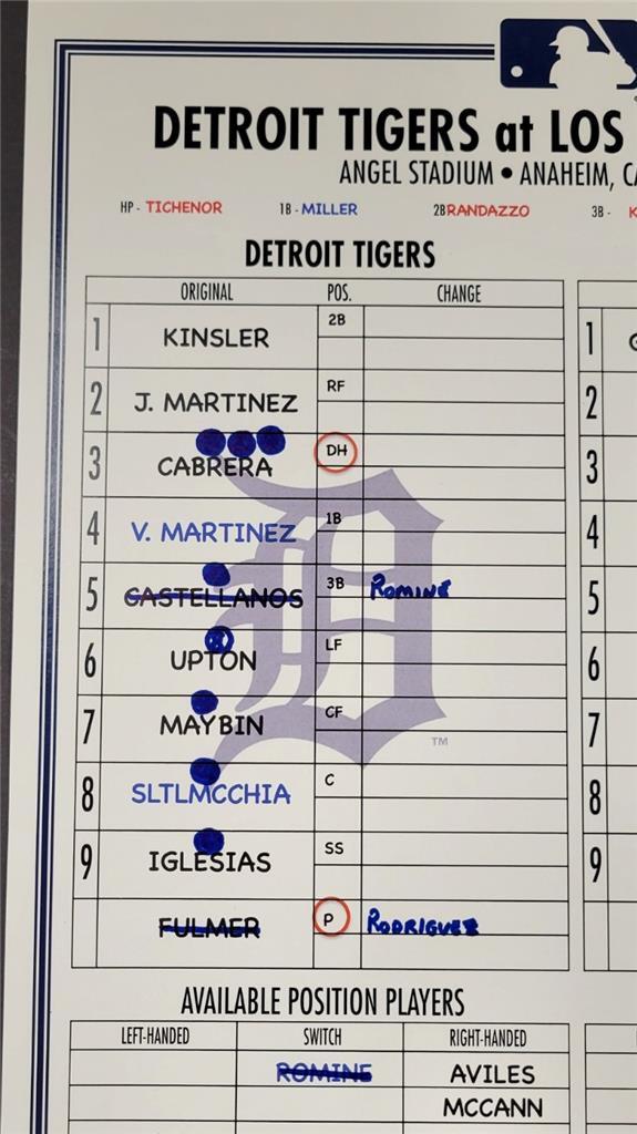 Tigers @ Angels 6/1/2016 Game Used Lineup Card Cabrera Hit Trout Pujols MLB Holo