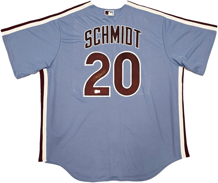 Phillies Mike Schmidt Signed Light Blue Throwback Nike Jersey Size XL Beckett