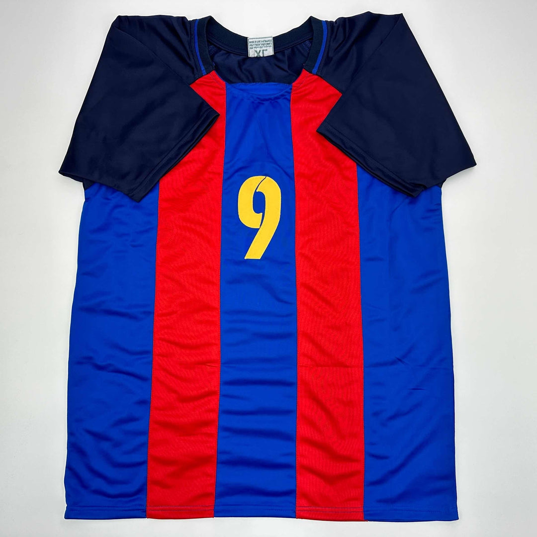 Facsimile Autographed Luis Suarez FC Barcelona Blue/Red Reprint Jersey Men's XL
