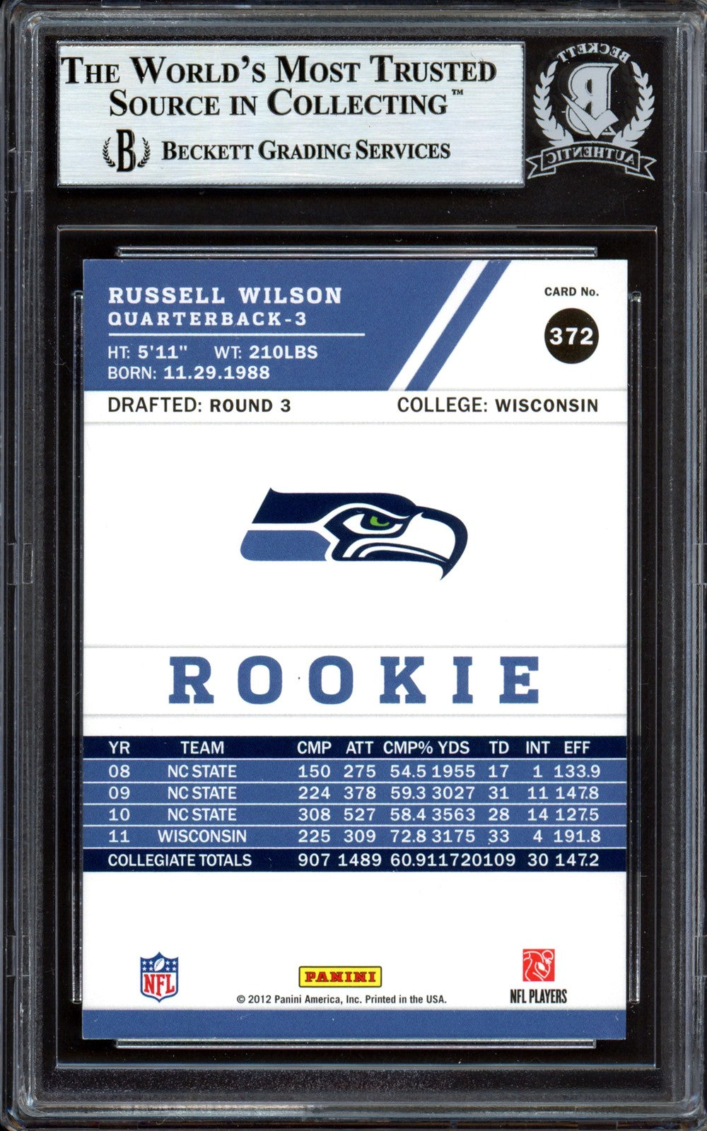 Russell Wilson Signed 2012 Score Glossy RC 372 Seahawks Beckett #13447085