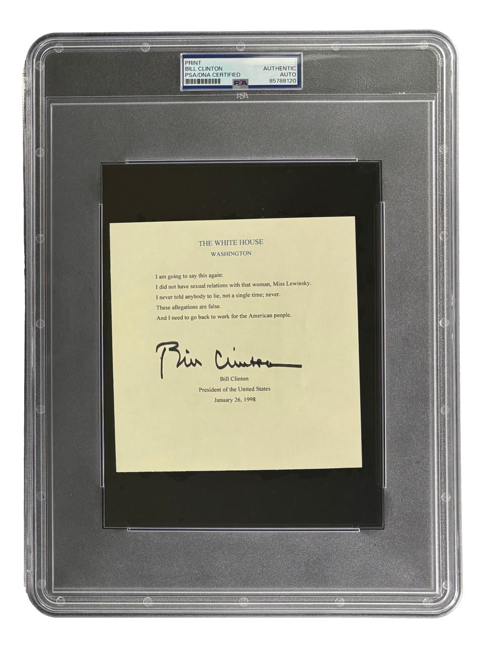 Bill Clinton Signed 5x6 Mock White House Statement Letter Monica Lewinsky PSA