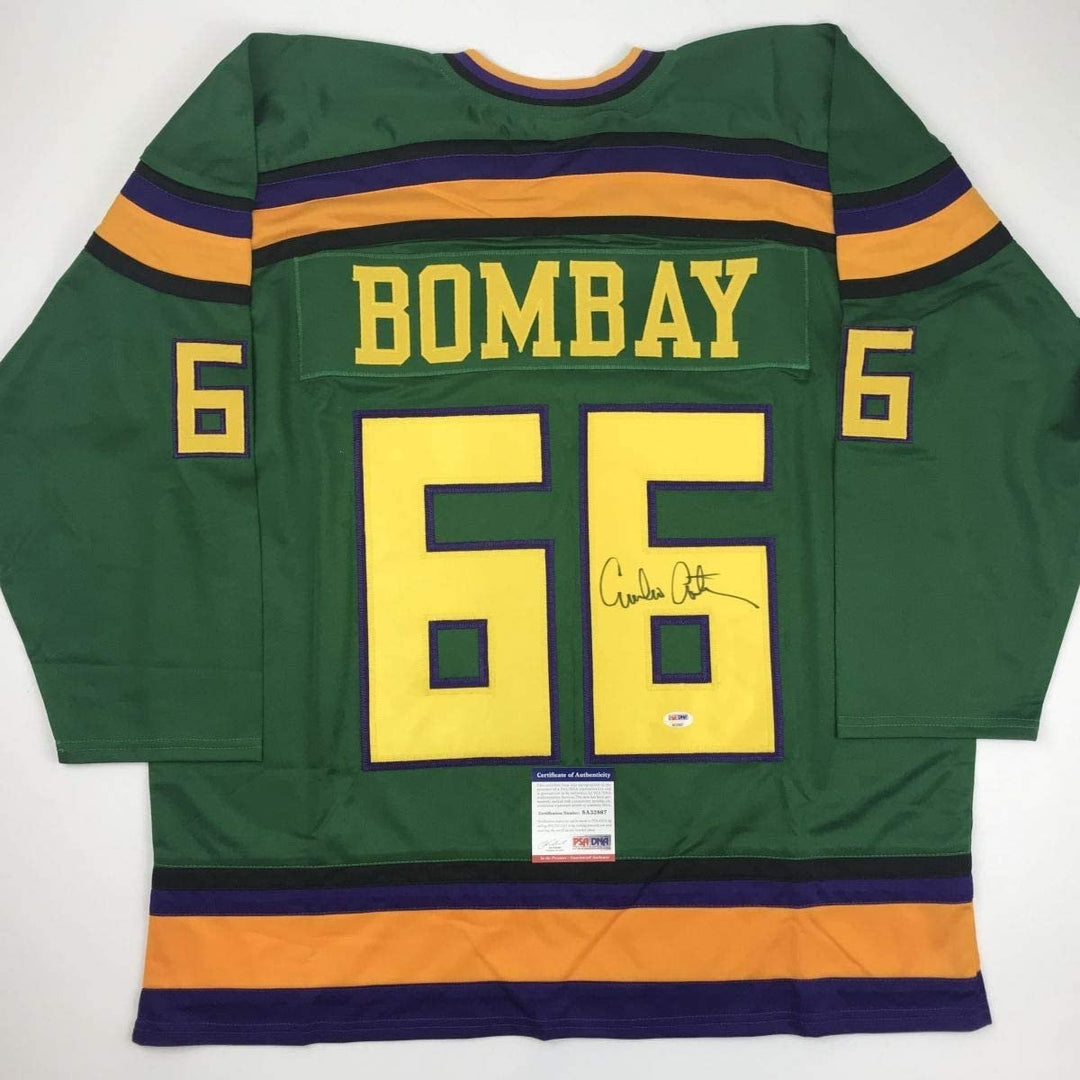 Autographed/Signed Emilio Estevez Gordon Bombay Green Jersey PSA/DNA COA