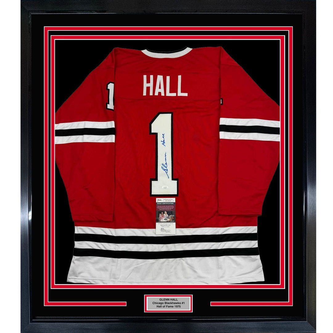Framed Autographed/Signed Glenn Hall 35x39 Chicago Red Jersey JSA COA