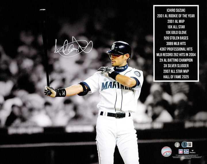 Ichiro Suzuki Signed 16x20 Photo Mariners Stats IS Holo & Beckett Witness