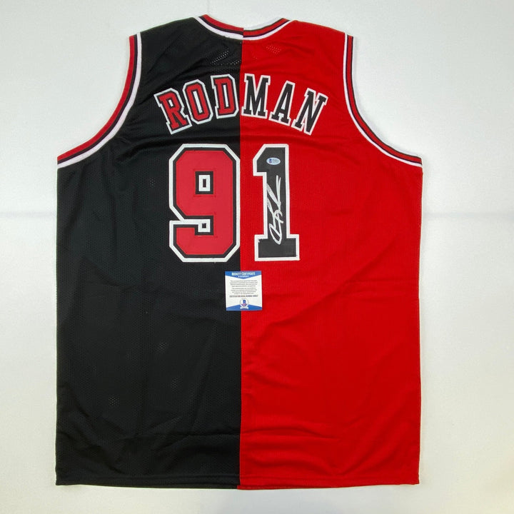 Autographed/Signed Dennis Rodman Chicago Split Red/Black Jersey Beckett COA