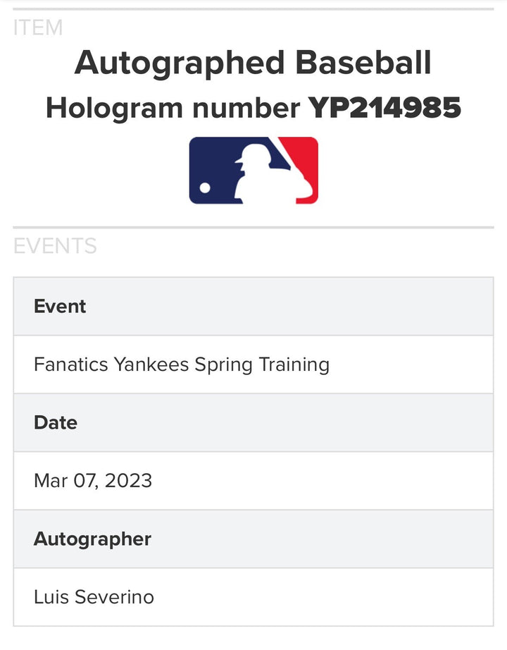 Luis Severino Signed Official MLB Baseball Yankees Mets Auto Fanatics COA