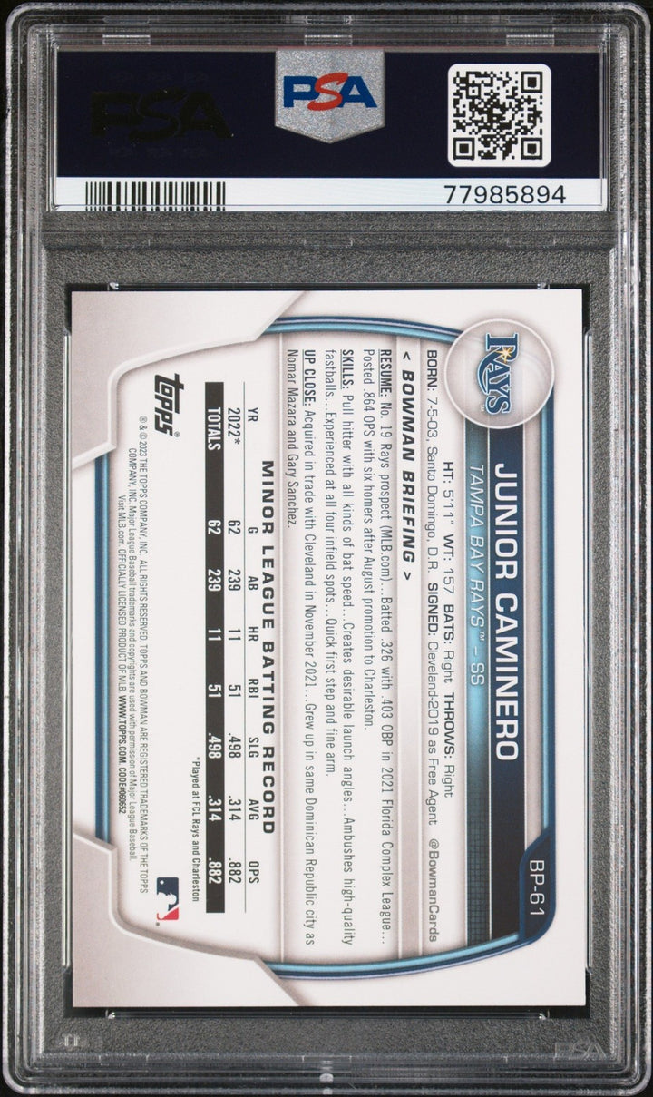 Graded 2023 Topps Bowman Junior Caminero #BP61 Rookie RC Card PSA 10