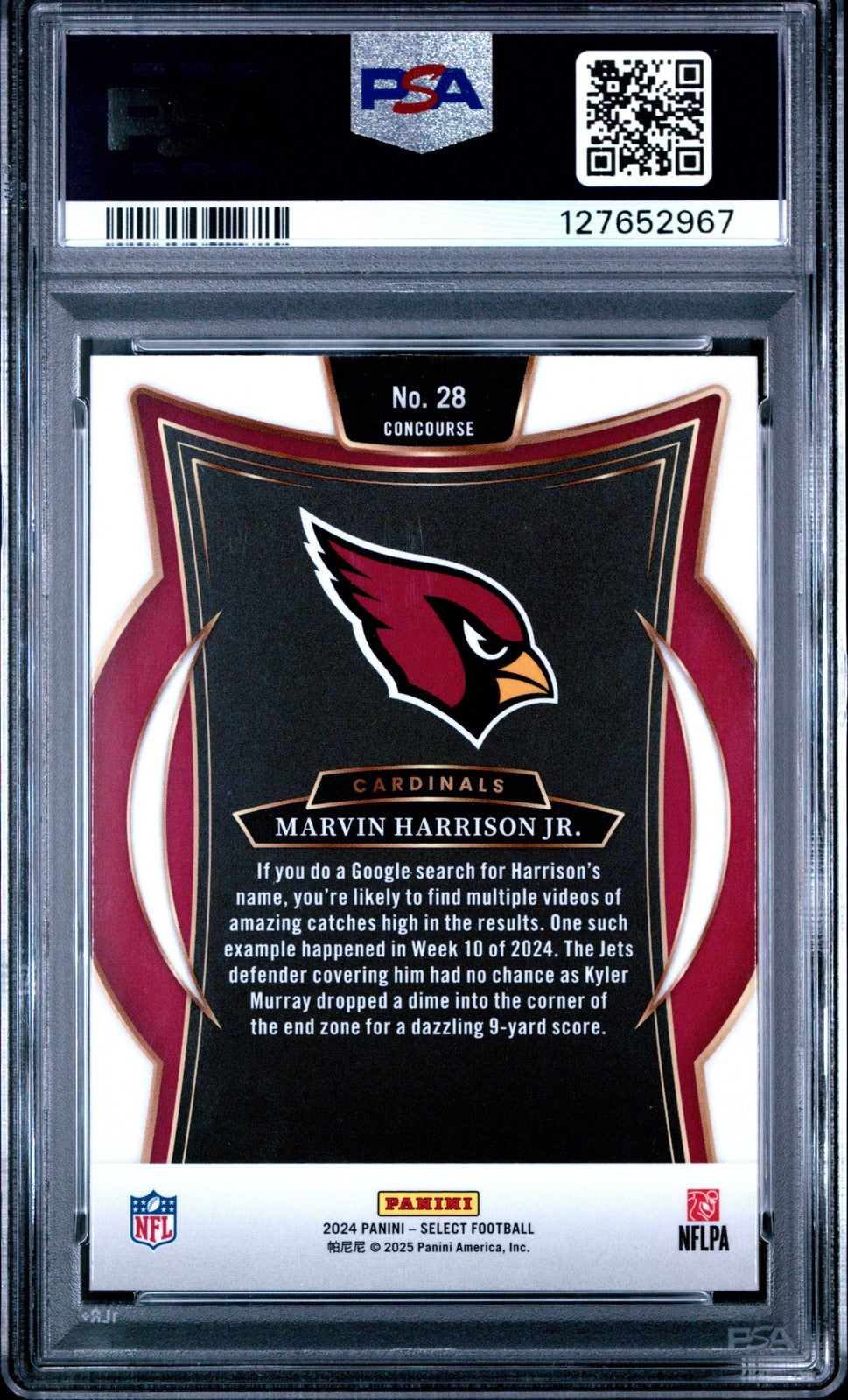 Graded 2024 Panini Select Marvin Harrison Jr. #28 Rookie RC Card PSA 10