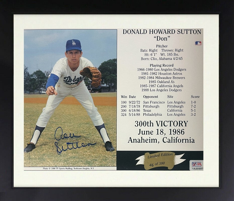 Don Sutton signed Dodgers 300th Victory 8x10 Photo/Card Framed -imperfect - PSA
